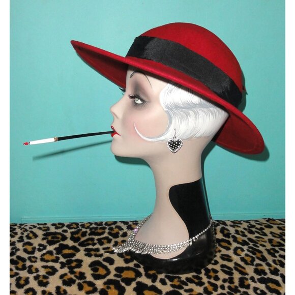 Vintage Arlin Red Wool Church Hat w/ Feathers Kentucky Derby pinup retro bow main image 8